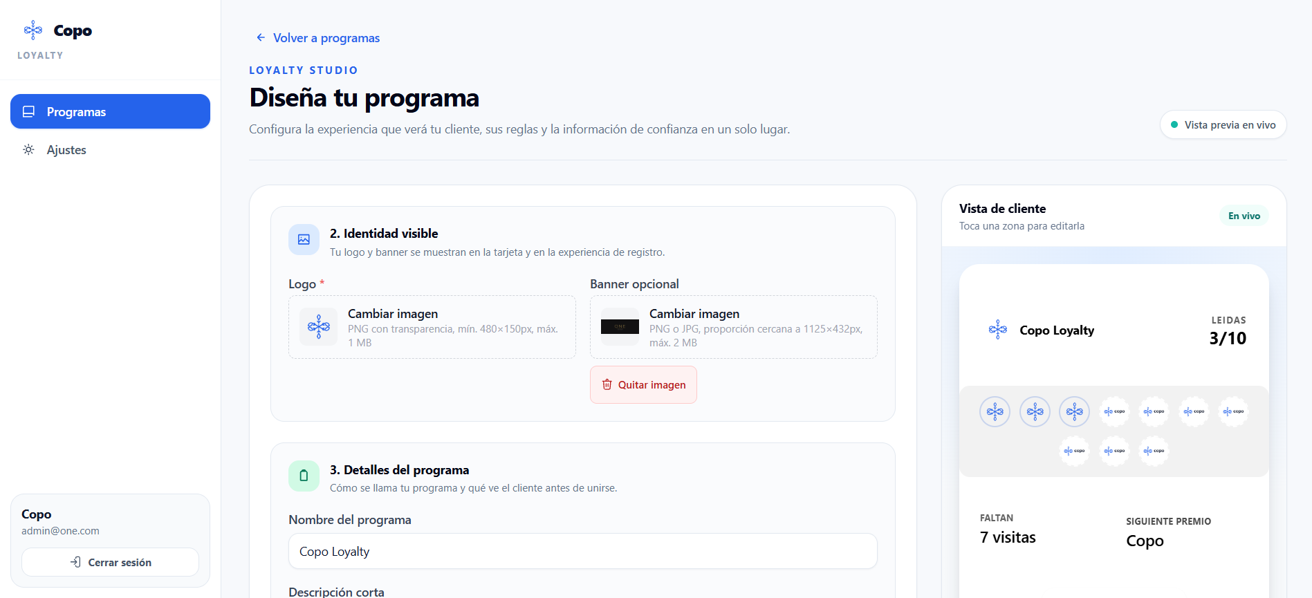 Editor de tarjeta de lealtad en el dashboard de Copo, con color, meta de sellos y premio configurados