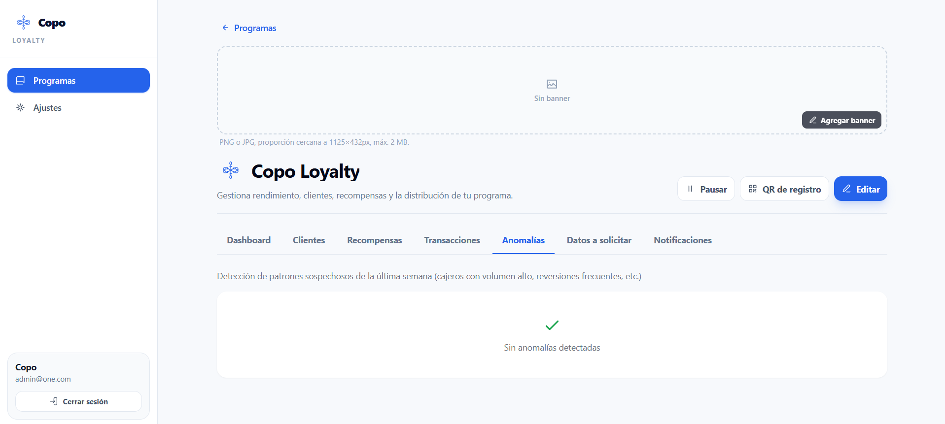 Panel de movimientos y anomalías del dashboard de Copo Loyalty, con el registro por cajero