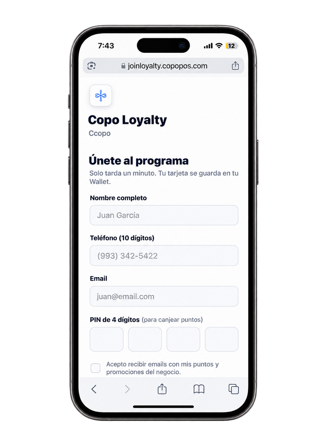 Página de registro del cliente en el celular para unirse a la tarjeta de lealtad